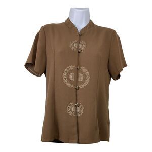 Vintage Kenar Studio Brown Embroidered Button Down‎ Short Sleeve Blouse Sz 13